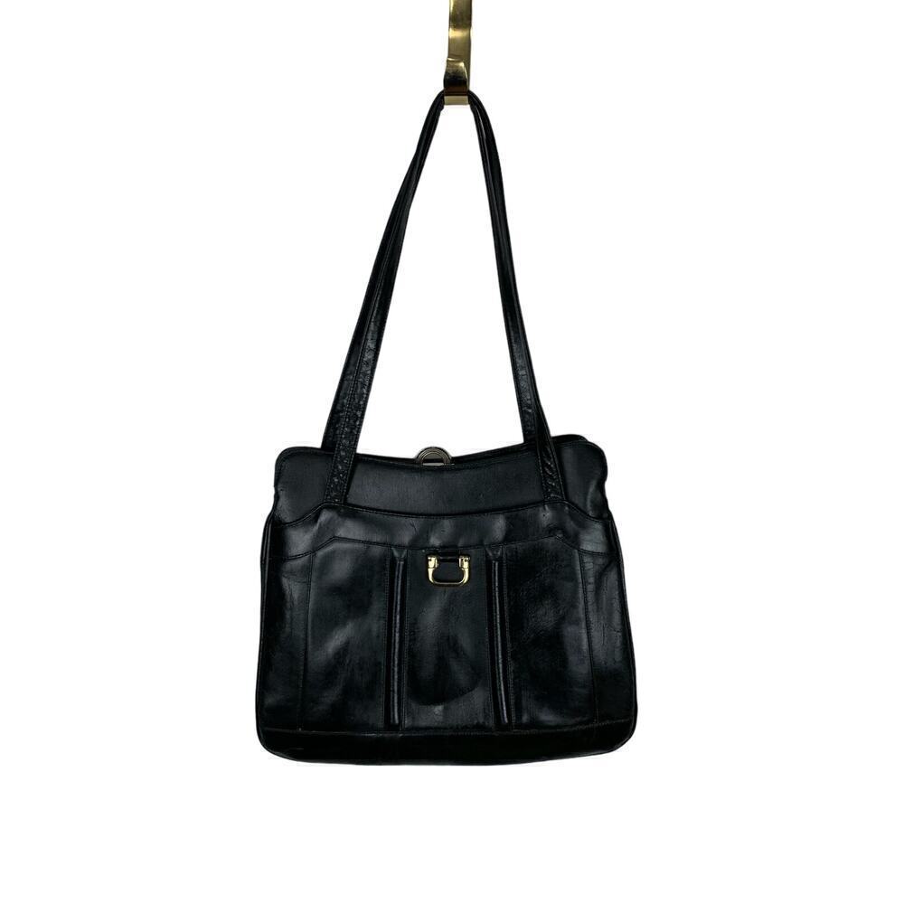 70s Vintage Lou Taylor Black Itialian Leather Handbag with Swivle Gold Mirror